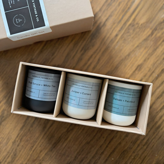 Candle Gift Set: Blue Spruce + White Tea, Fraser Fir + Cypress, Balsam + Patchouli