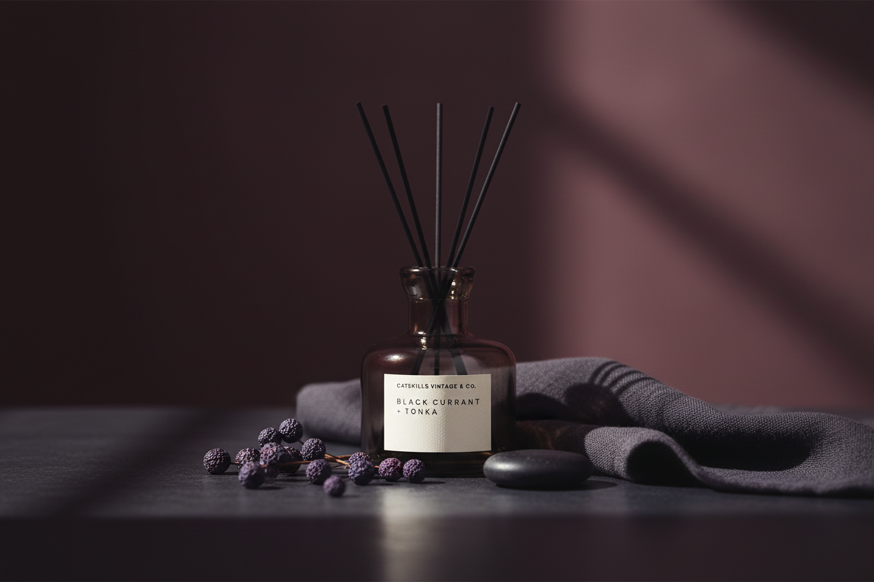 Black Currant + Tonka Reed Diffuser lifestyle on dark moody bathroom vanity