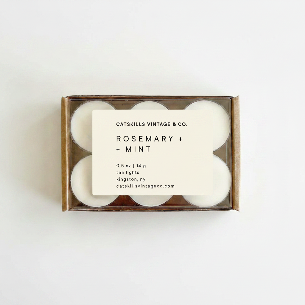 Tea Lights - Rosemary + Mint kraft box with clear lid on white background