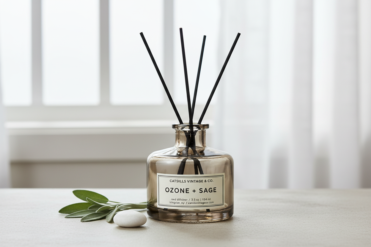 Ozone + Sage Reed Diffuser lifestyle near open window with sage