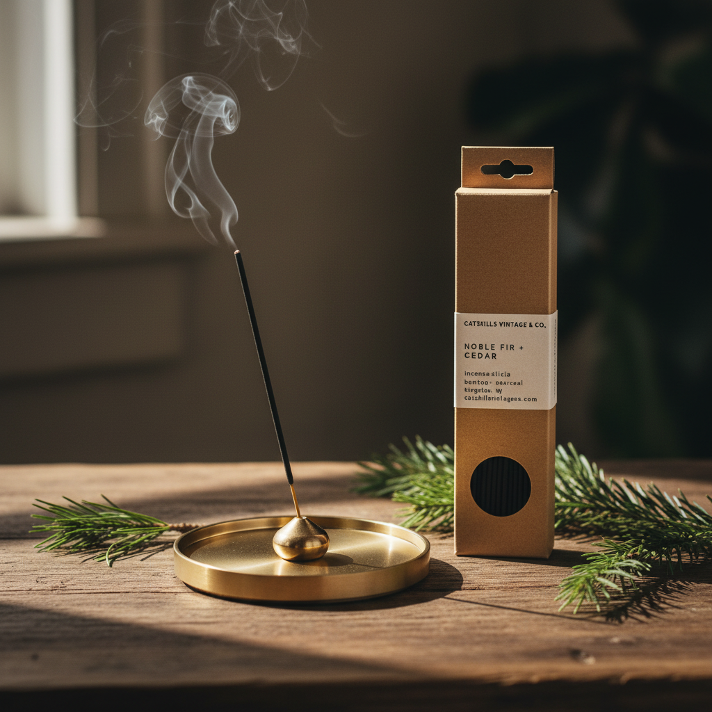 7 inch Incense Sticks - Noble Fir + Cedar lifestyle with brass incense holder