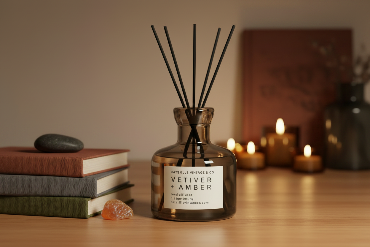 Vetiver + Amber Reed Diffuser lifestyle on warm wooden shelf with books and amber stone