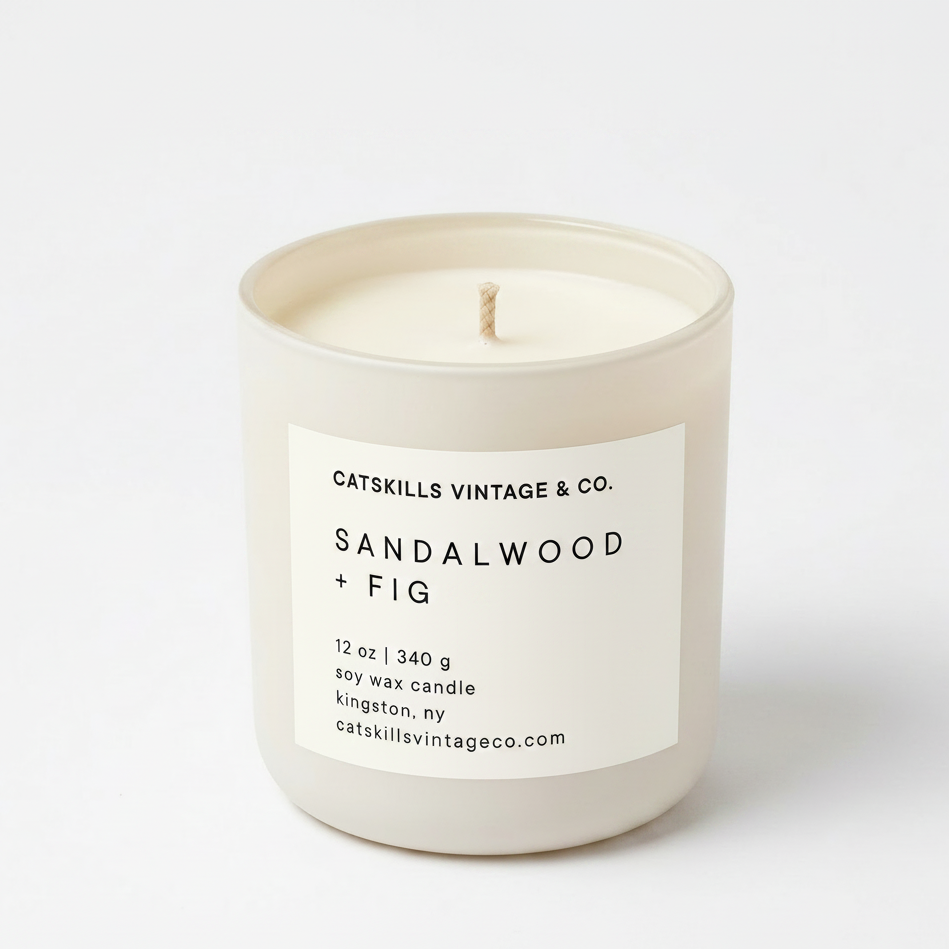 Sandalwood + Fig 12 oz soy candle in cream matte glass jar