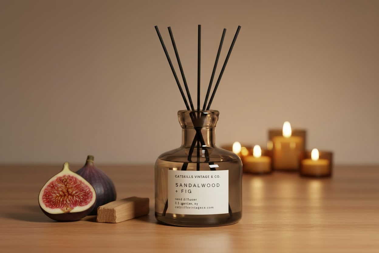Sandalwood + Fig Reed Diffuser lifestyle on warm wood surface with fig