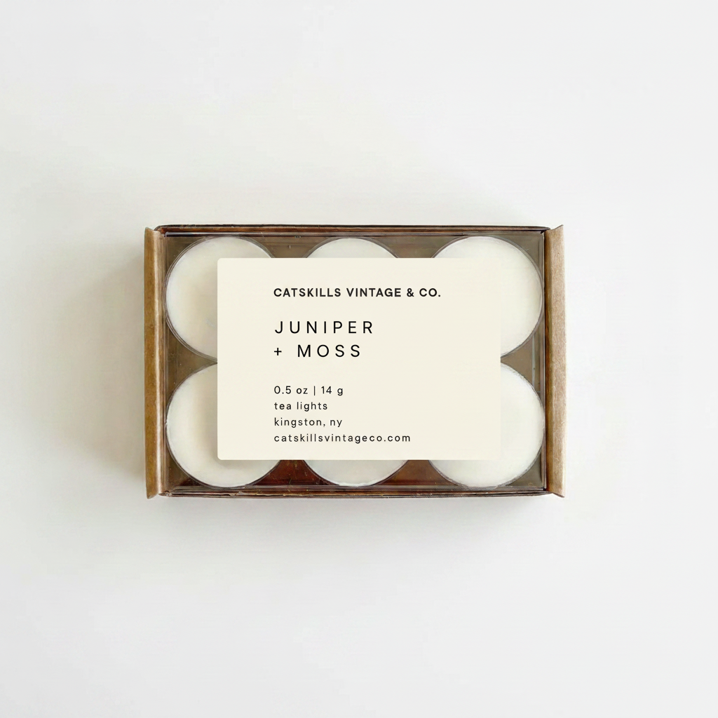 Tea Lights - Juniper + Moss kraft box with clear lid on white background