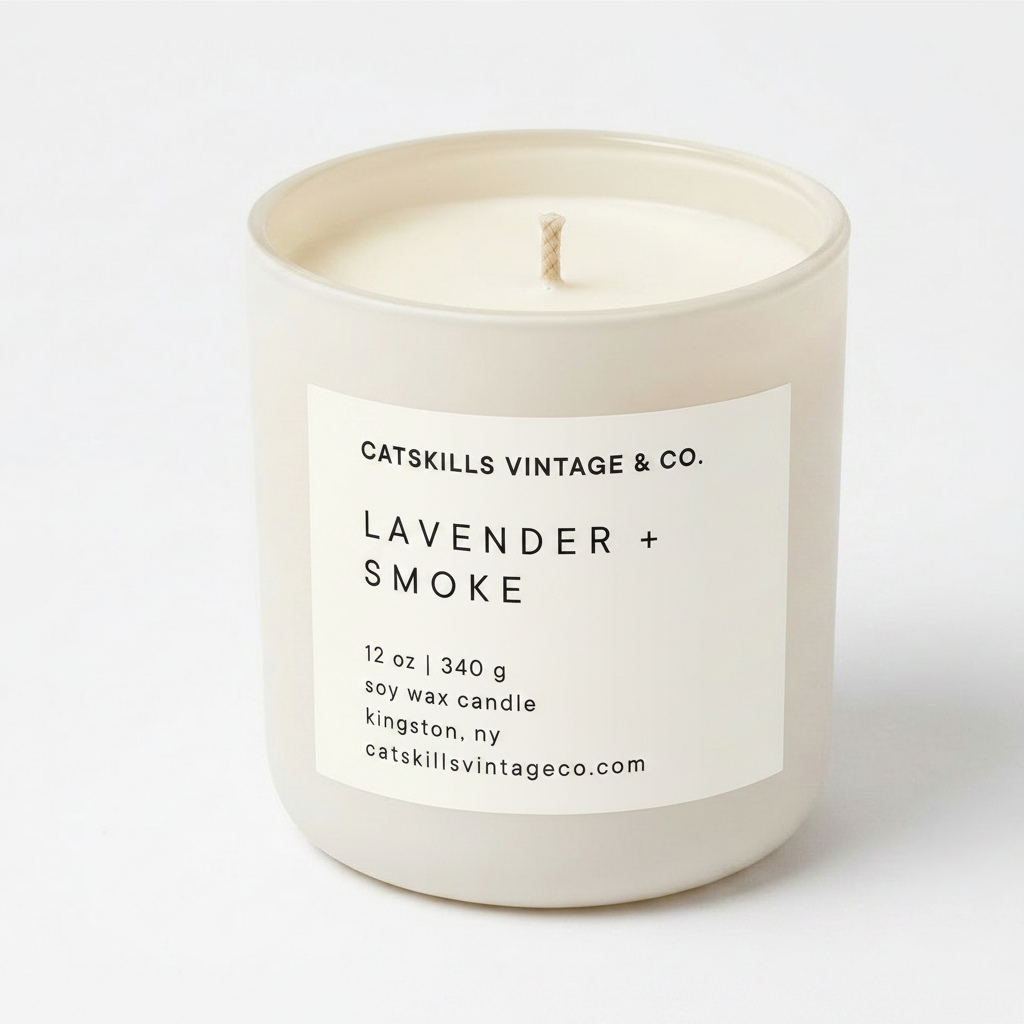 Lavender + Smoke 12 oz soy candle in cream matte glass jar