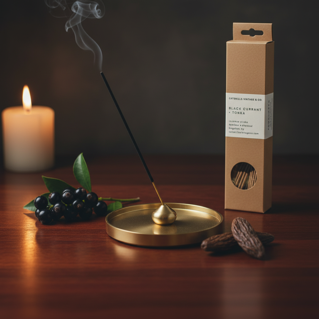 7 inch Incense Sticks - Black Currant + Tonka lifestyle with brass incense holder