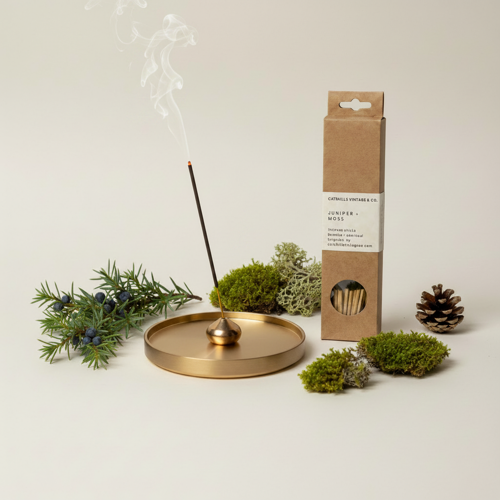 7 inch Incense Sticks - Juniper + Moss lifestyle with brass incense holder