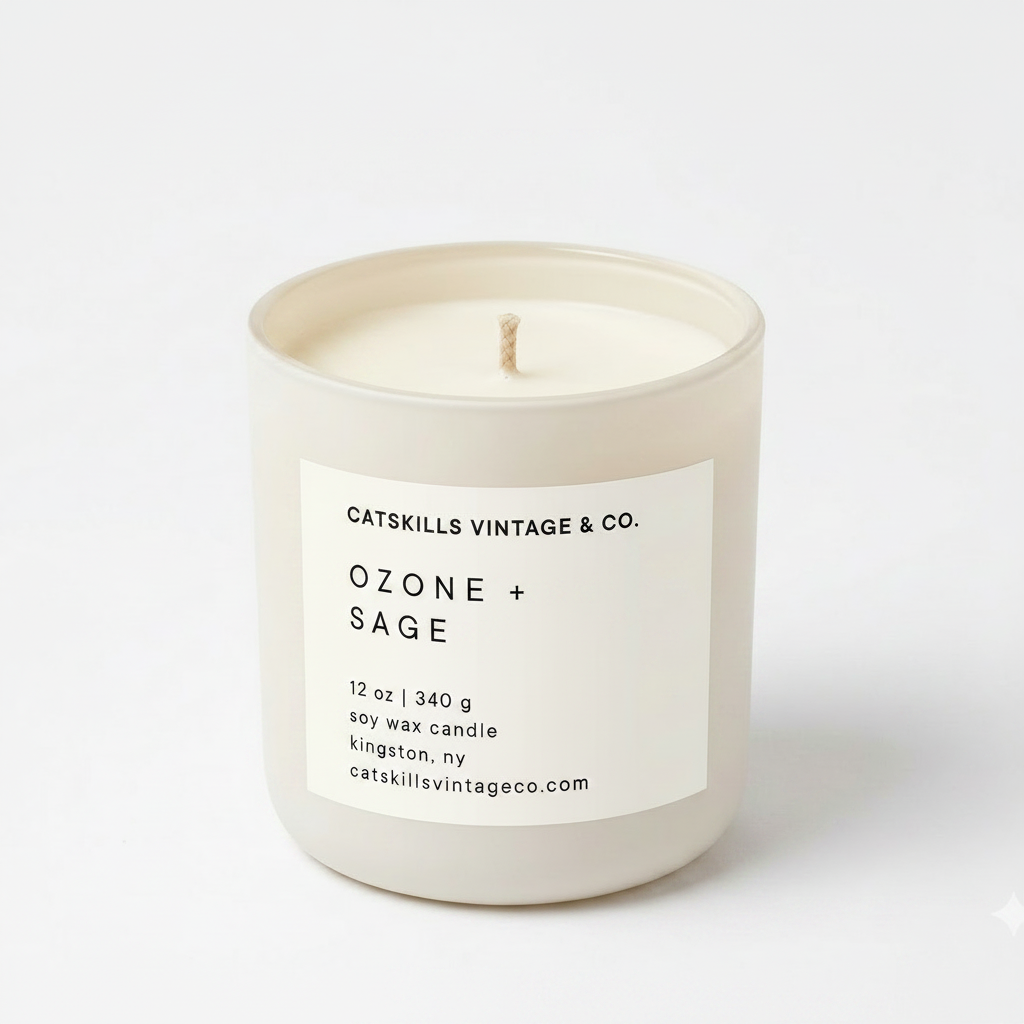 Ozone + Sage 12 oz soy candle in cream matte glass jar