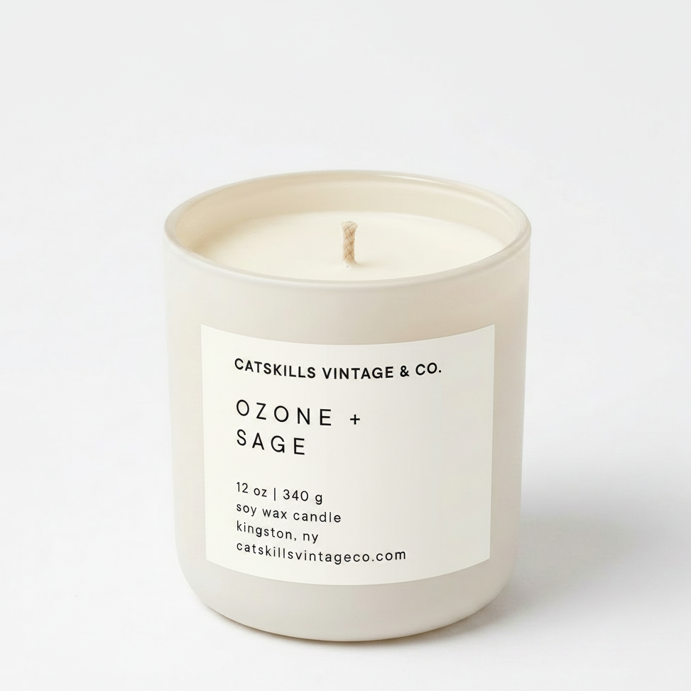 Ozone + Sage 12 oz soy candle in cream matte glass jar