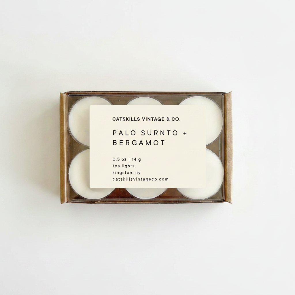 Tea Lights - Palo Santo + Bergamot kraft box with clear lid on white background
