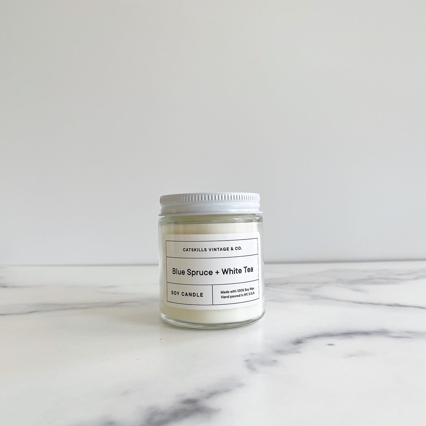 Blue Spruce + White Tea Glass Jar Candle