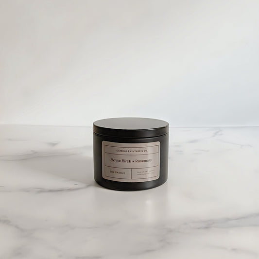 Holiday Black Tin Candle - White Birch + Rosemary