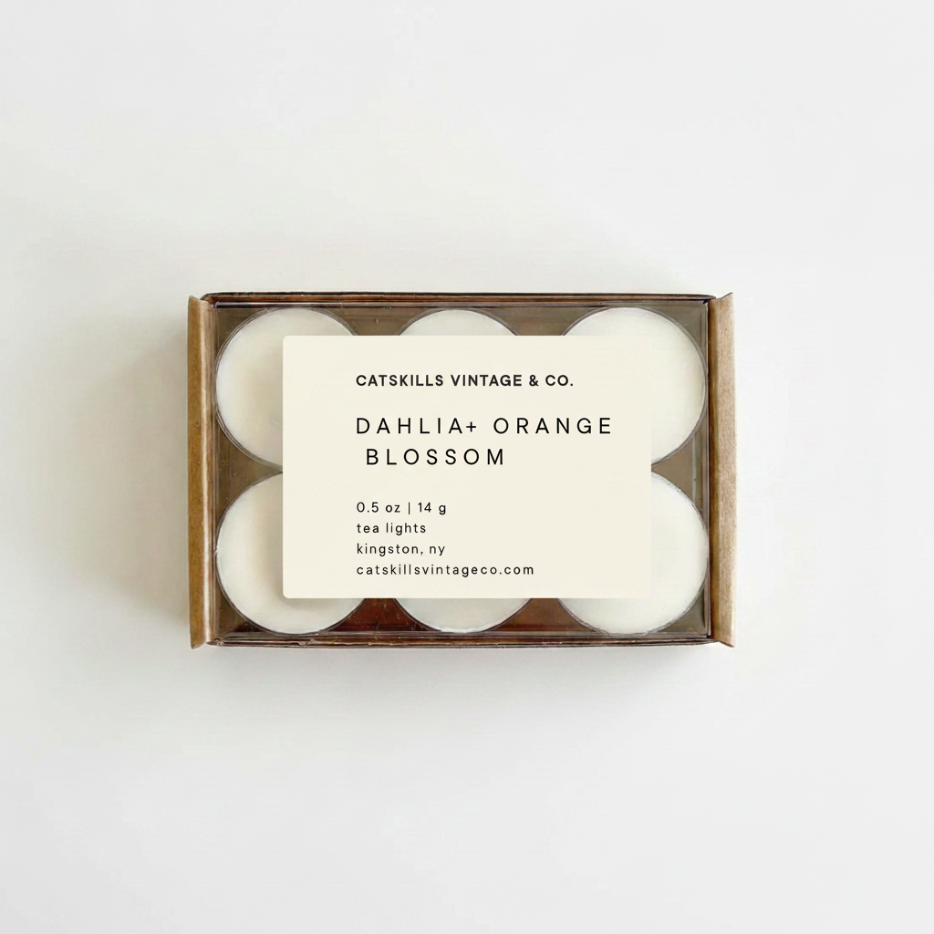 Tea Lights - Dahlia + Orange Blossom kraft box with clear lid on white background