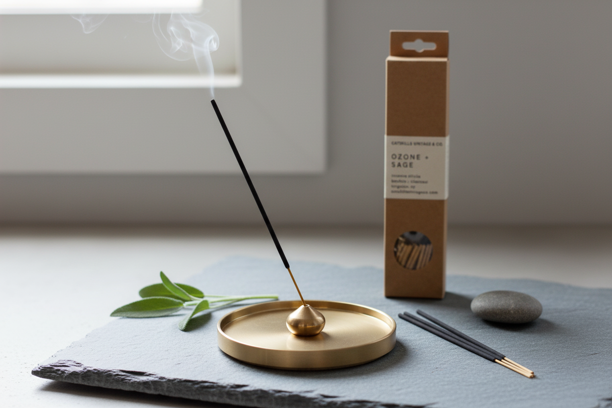 7 inch Incense Sticks - Ozone + Sage lifestyle with brass incense holder