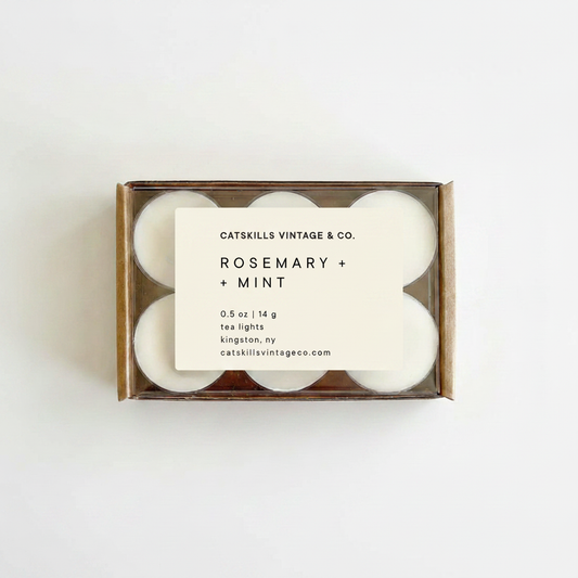 Tea Lights - Rosemary + Mint kraft box with clear lid on white background