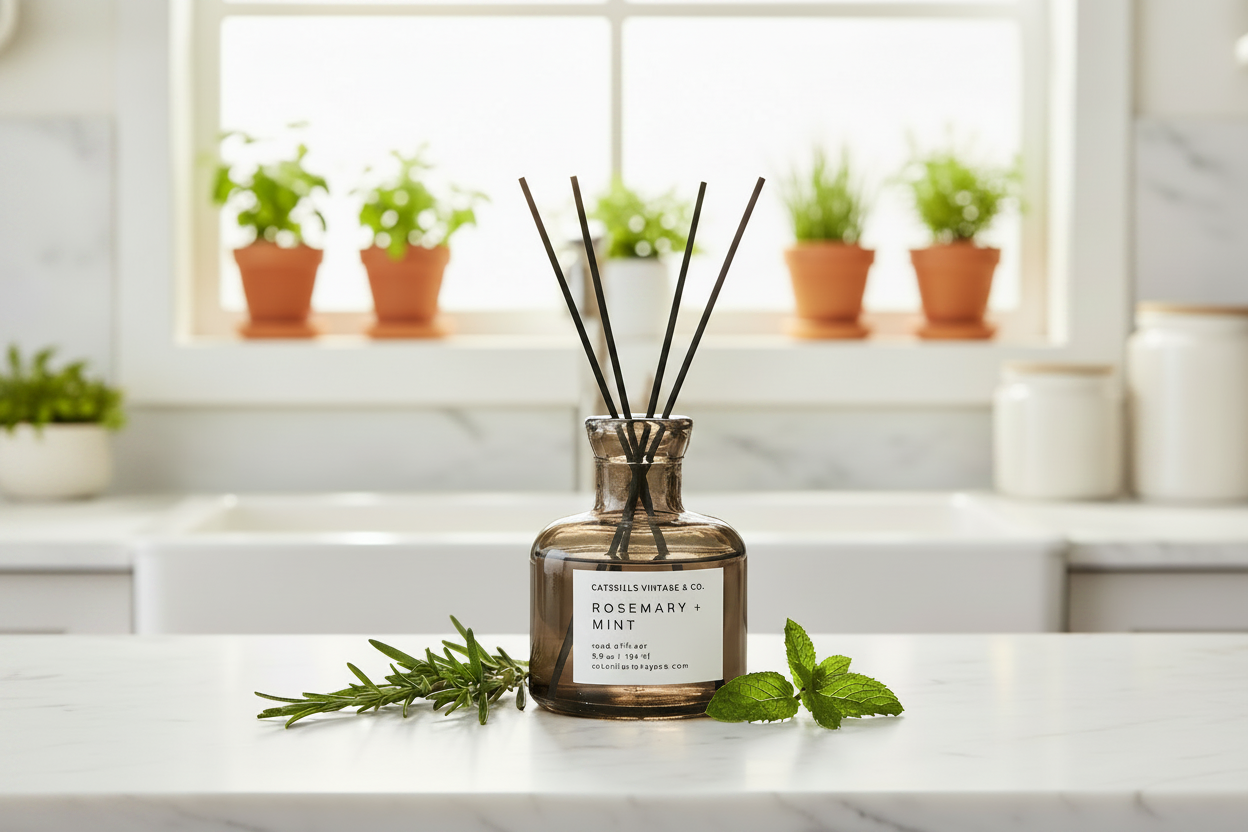 Rosemary + Mint Reed Diffuser lifestyle in kitchen herb setting