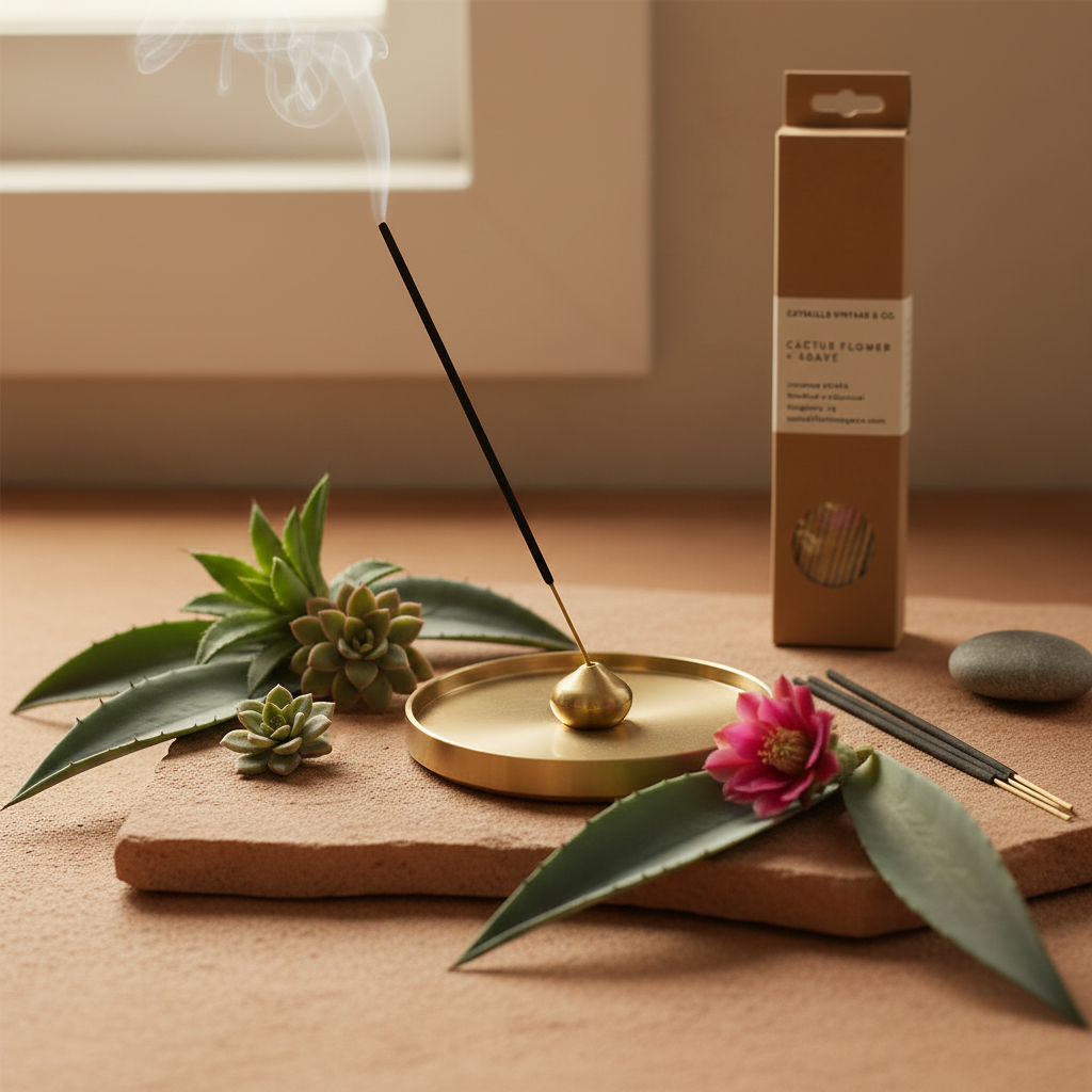 7 inch Incense Sticks - Cactus Flower + Agave lifestyle with brass incense holder