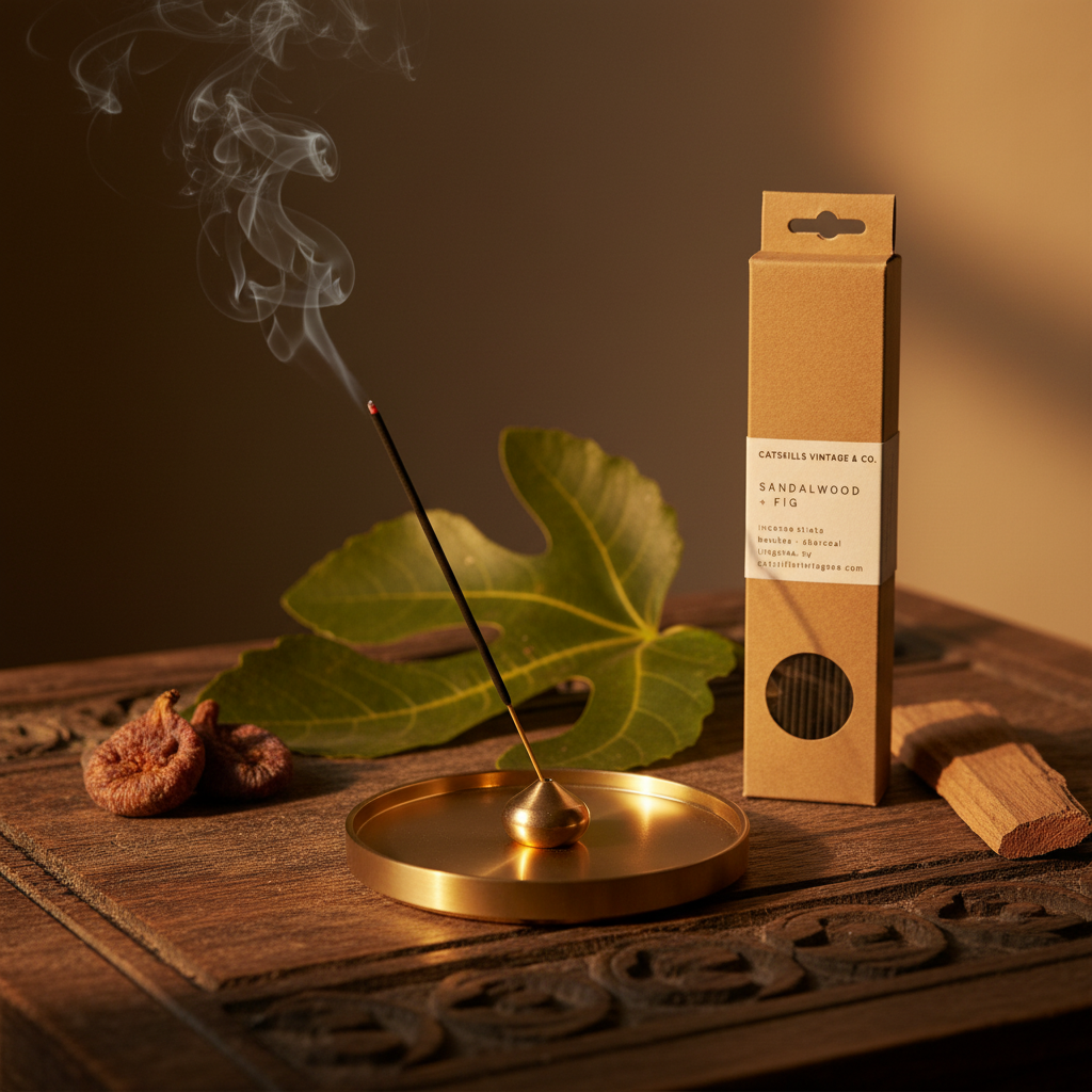 7 inch Incense Sticks - Sandalwood + Fig lifestyle with brass incense holder