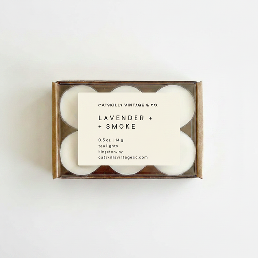 Tea Lights - Lavender + Smoke kraft box with clear lid on white background