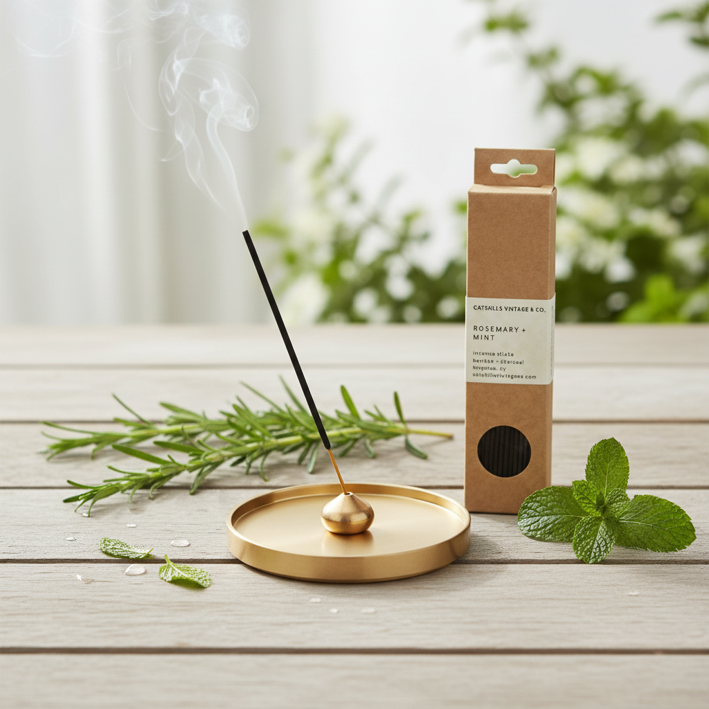 7 inch Incense Sticks - Rosemary + Mint lifestyle with brass incense holder