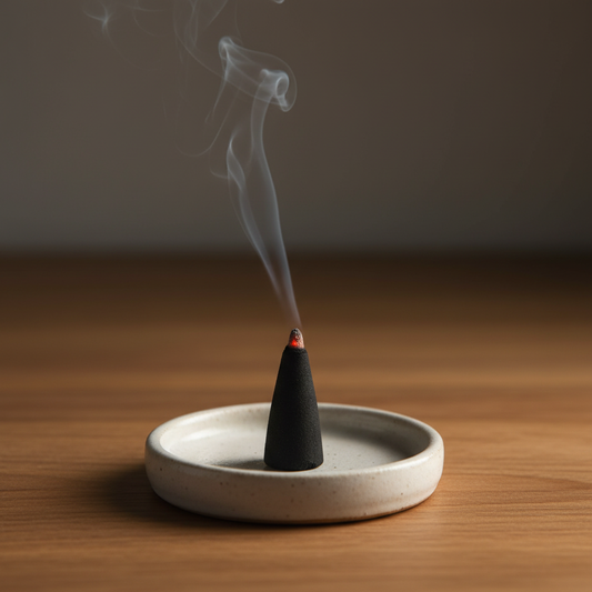 Incense cone burning on ceramic dish - lifestyle