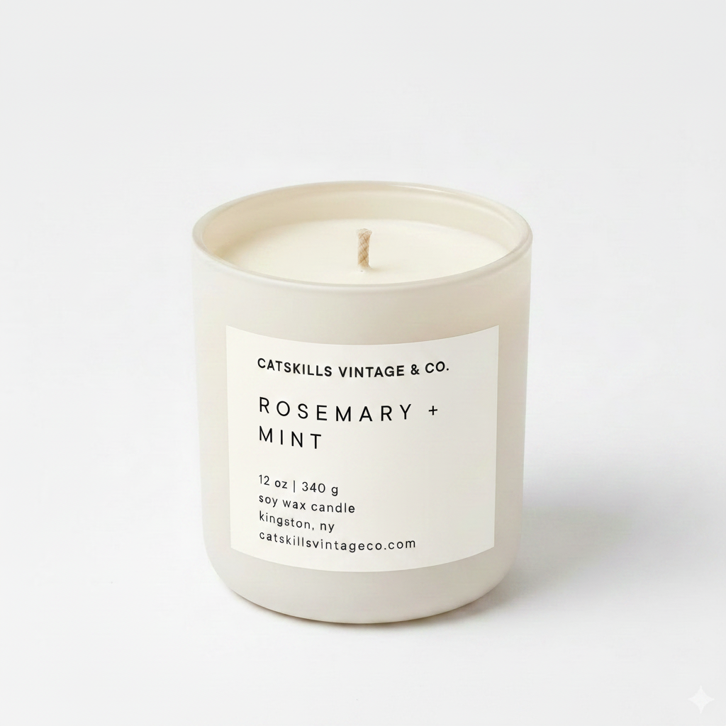 Rosemary + Mint 12 oz soy candle in cream matte glass jar