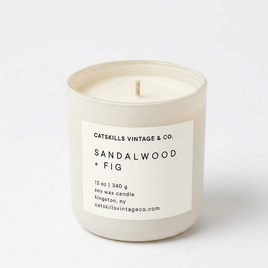 Sandalwood + Fig 12 oz soy candle in cream matte glass jar