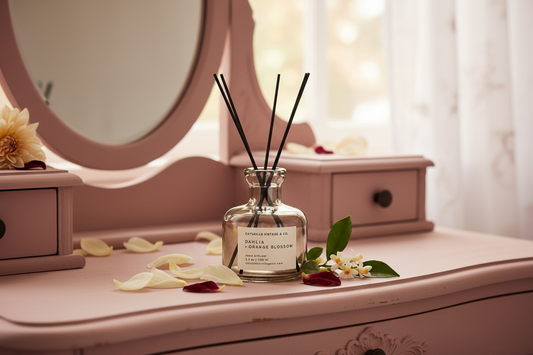 Dahlia + Orange Blossom Reed Diffuser lifestyle on vintage vanity