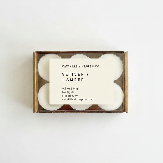 Tea Lights - Vetiver + Amber kraft box with clear lid on white background
