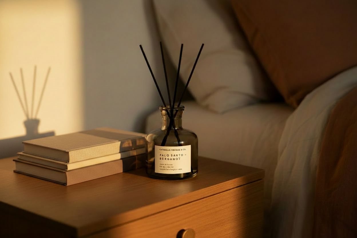 Palo Santo + Bergamot Reed Diffuser lifestyle on bedroom nightstand with books