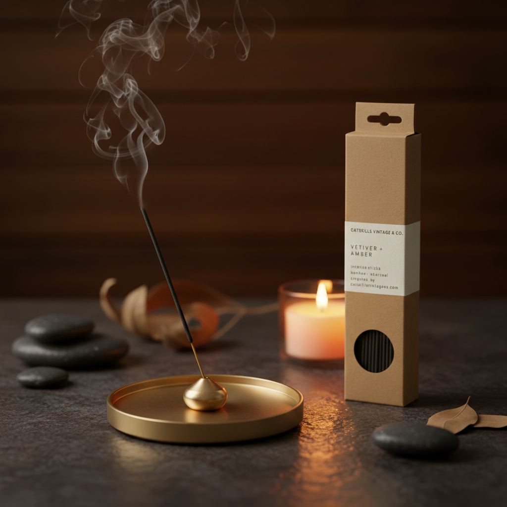 7 inch Incense Sticks - Vetiver + Amber lifestyle with brass incense holder