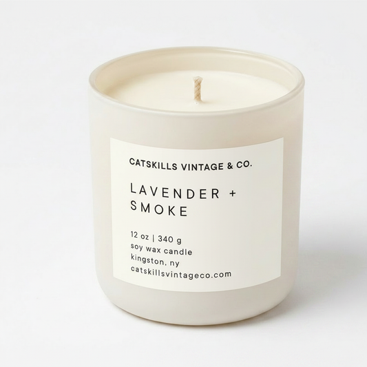 Lavender + Smoke 12 oz soy candle in cream matte glass jar