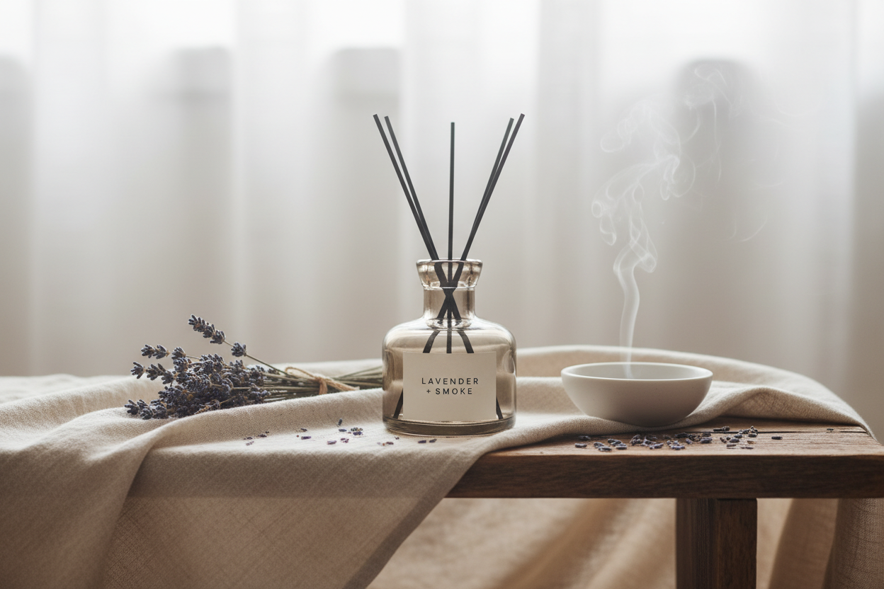 Lavender + Smoke Reed Diffuser lifestyle on linen-draped meditation shelf