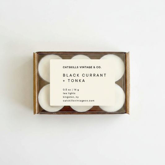Tea Lights - Black Currant + Tonka kraft box with clear lid on white background