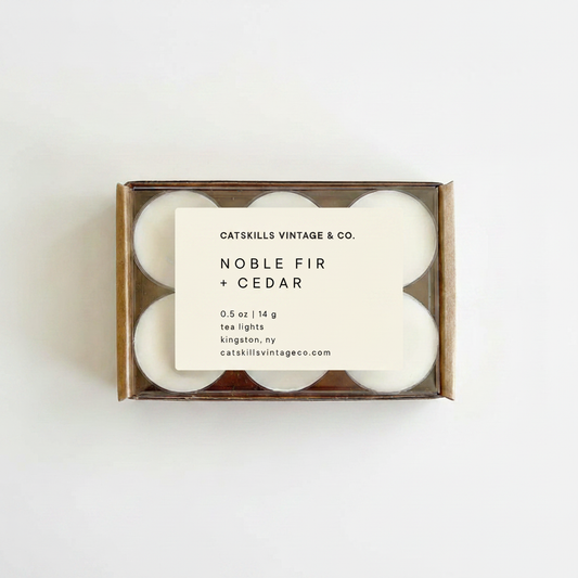 Tea Lights - Noble Fir + Cedar kraft box with clear lid on white background
