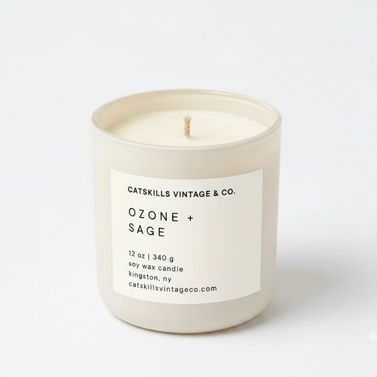 Ozone + Sage 12 oz soy candle in cream matte glass jar