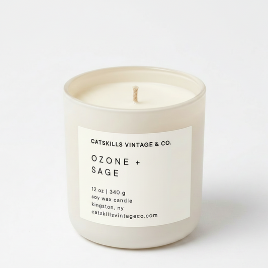Ozone + Sage 12 oz soy candle in cream matte glass jar