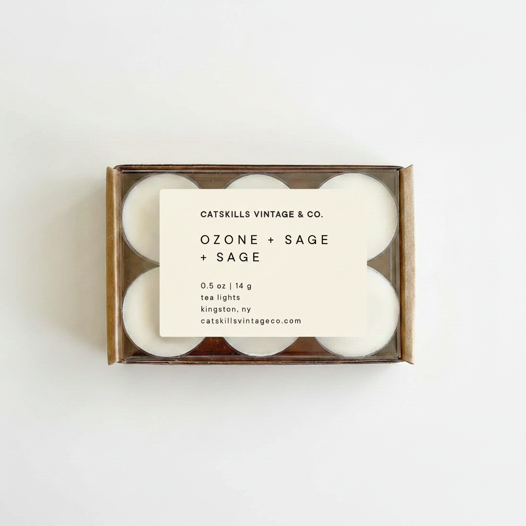 Tea Lights - Ozone + Sage kraft box with clear lid on white background