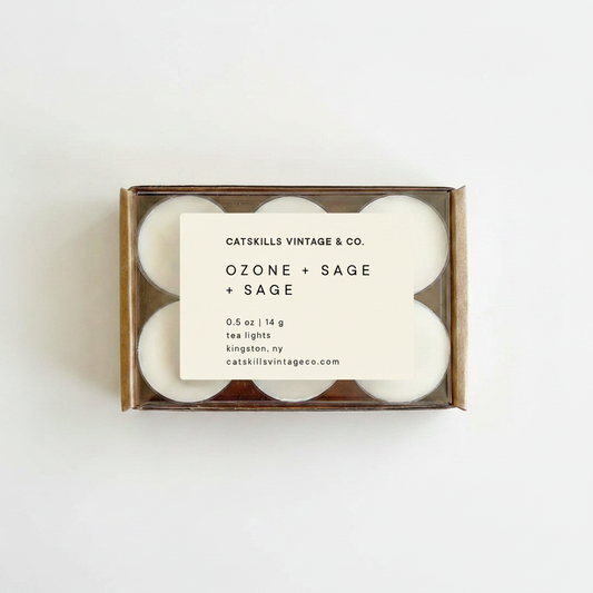 Tea Lights - Ozone + Sage kraft box with clear lid on white background