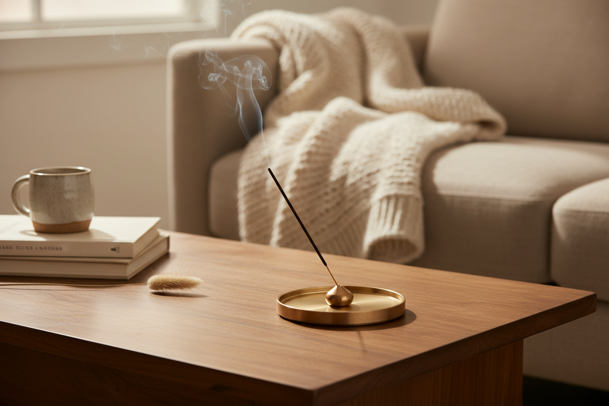 Copper Incense Holder + Tray lifestyle on living room coffee table
