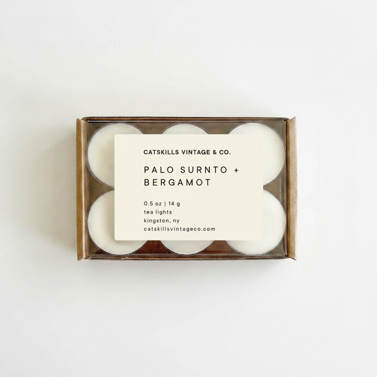 Tea Lights - Palo Santo + Bergamot kraft box with clear lid on white background