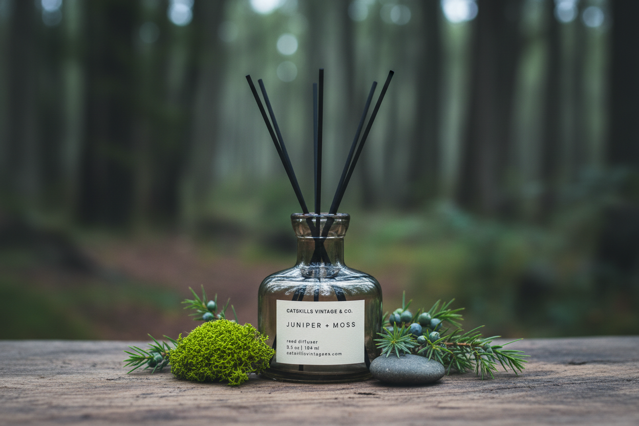 Juniper + Moss Reed Diffuser lifestyle on raw wood shelf