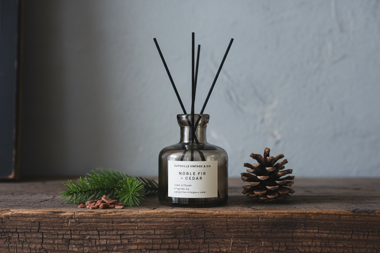 Noble Fir + Cedar Reed Diffuser lifestyle on rustic wooden mantle
